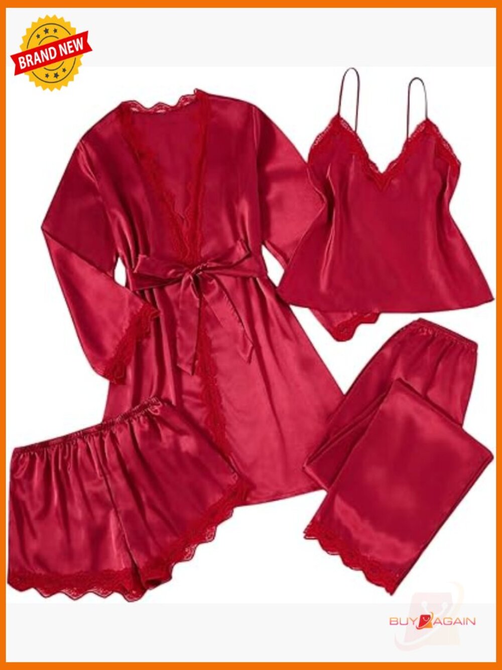 4pc Silk Pajama Set with Robe Lace Trim Shorts Lounge Pjs